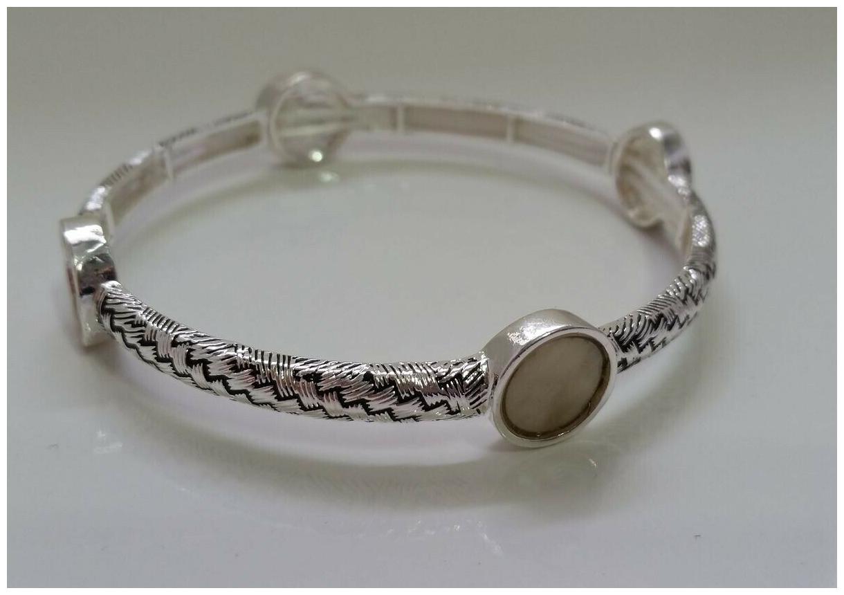 

Silver-tone etched Metal Stretch Bracelet with abalone medallions X8-2 22