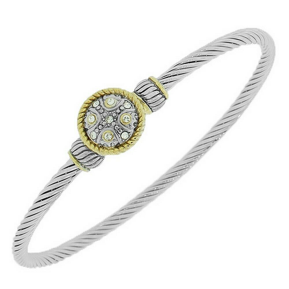 

Silver Yellow Gold Tone White Crystals CZ Twisted Cable Womens Bangle Bracelet