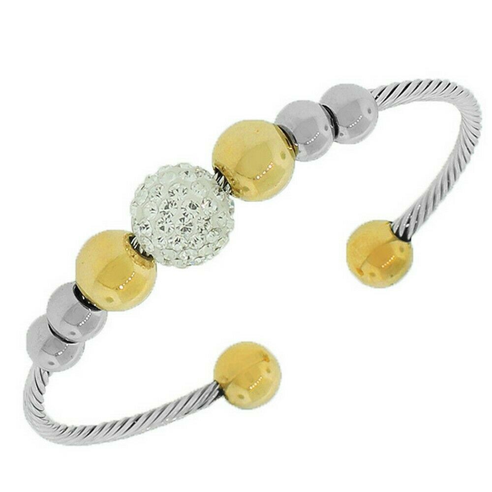 

Silver Yellow Gold Tone Open End White Crystals Disco Ball Womens Bracelet