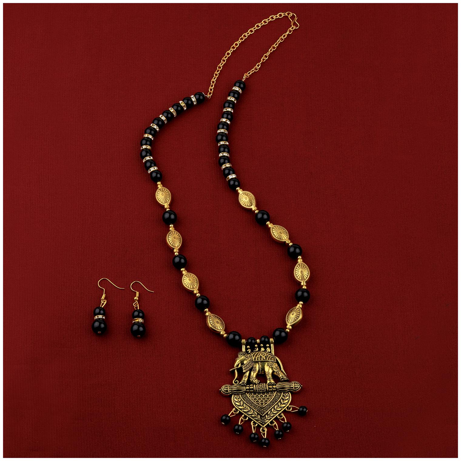 

SILVERSHINE Traditional Adjustable Gold Oxidised Elephant Designe Necklace Black Pearl mala set for Women girl