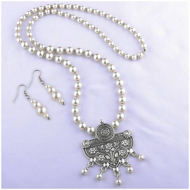 SILVERSHINE silverplated Designer Traditional Long Pearl Drop Flower Design pendant  set for women Jewellery set
