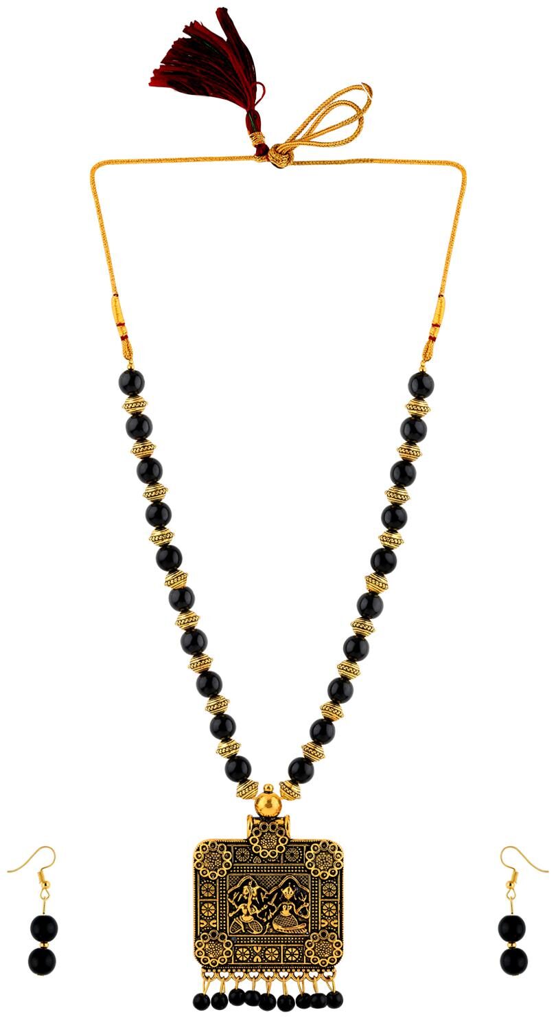 

SILVERSHINE Gold Oxidised Square Necklace Black Pearl mala set for Women girl