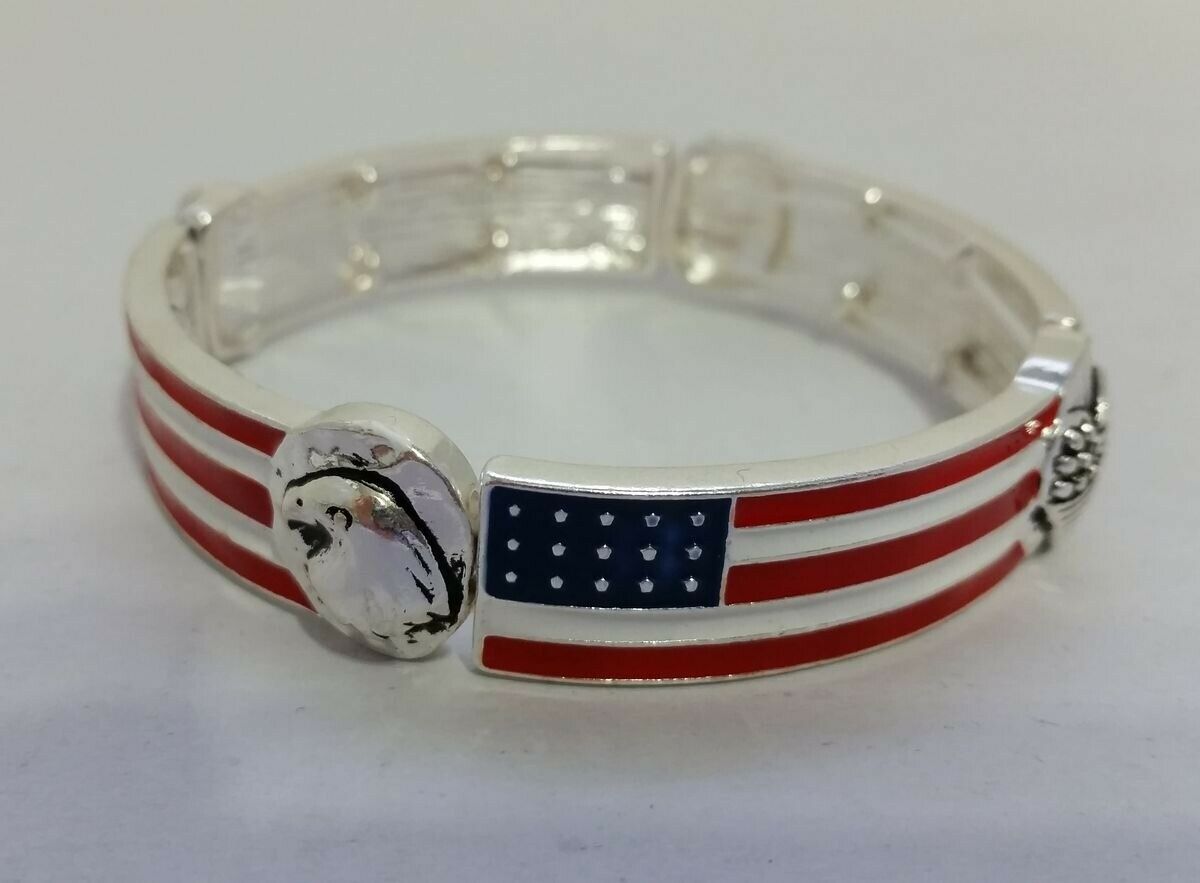 

Silvertone metal USA flag Patriotic Stretch Bracelet Wing Heart Eagle Z05-16 22