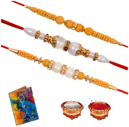 Sinjara Designer Wooden Traditional Pearl 3 Set Combo Dora Rakhi For Brother With Roli Chawal (D3-44)