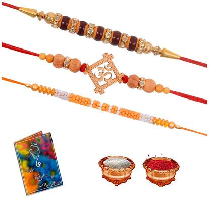 Sinjara Designer Wooden Traditional Pearl 3 Set Combo Dora Rakhi For Brother With Roli Chawal (D3-28)