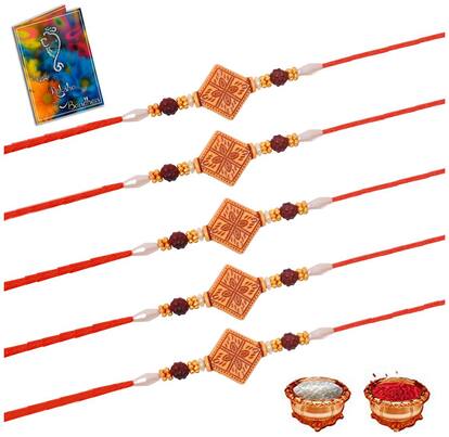 Sinjara Indian Mens Jewellery Festival 5 pcs Rakhi Special Combos Roli Chawal Set (VD-10)