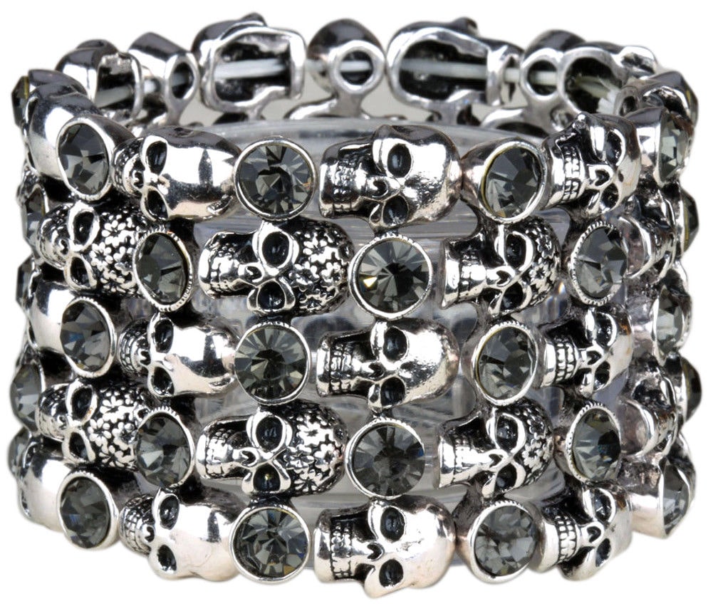 

Skull stretch bracelet women biker punk bling jewelry antique silver plated QD07