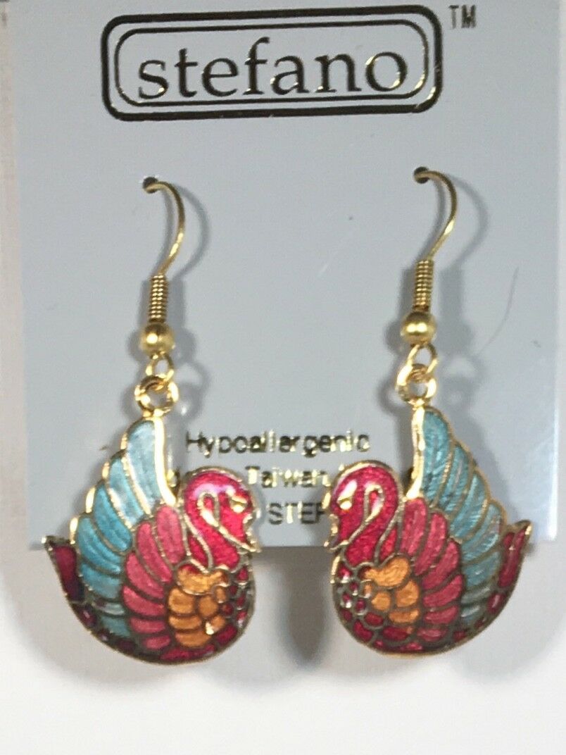 

Small SWAN EARRINGS Dangle Drop blue red white black Gold Plate Factory Prices