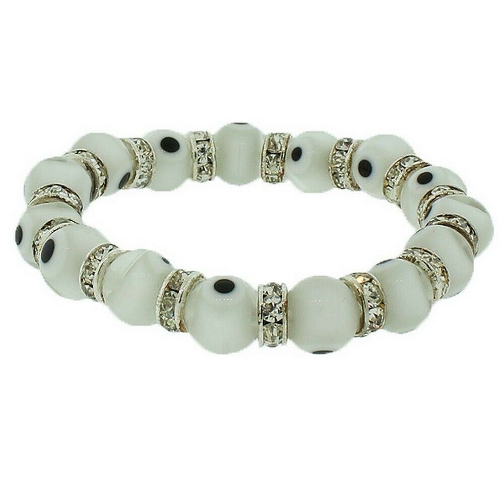 

Snow White Beaded Stretch Cord Bangle Evil Eye White CZ Unisex Bracelet
