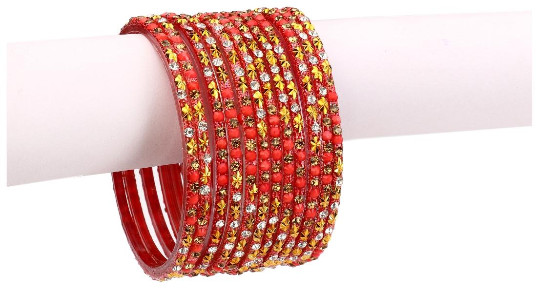 

Somil 12 Red Glass Bangle Party Set Fully Ornamented With Colorful Beads Crystal With Safety Box-EC 2 8