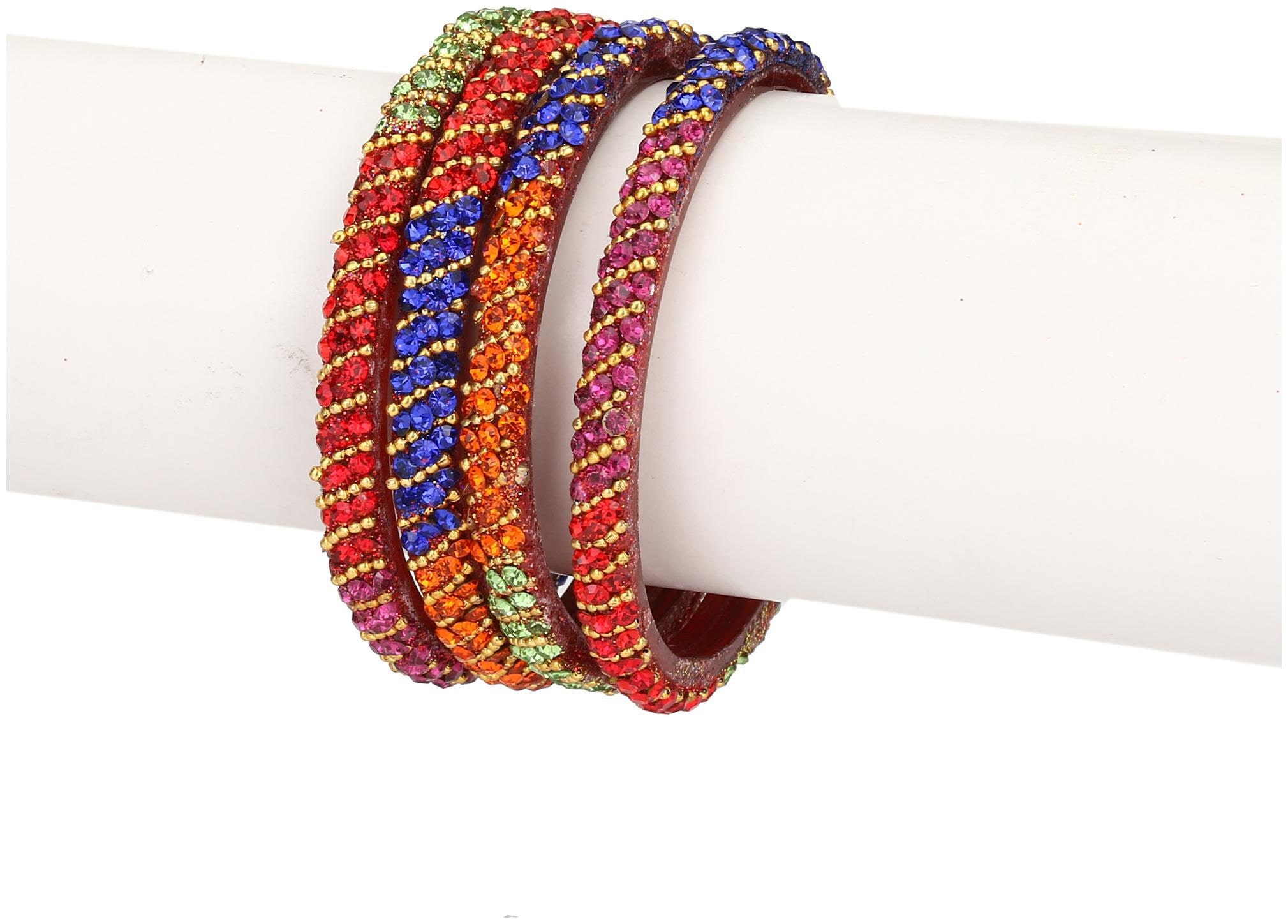 

Somil Colorful Glass Bangle cum Kada Set Ornamented With Somil Colorful Beads Stones For Trendy Deiscgner Set Of Four With Safety Box-Bf43