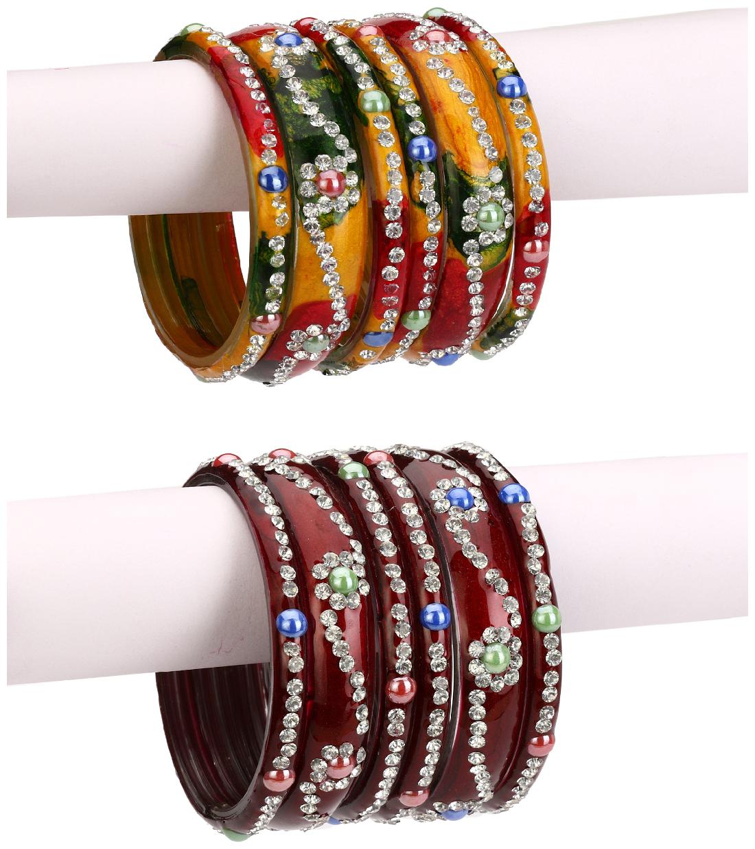 

Somil Combo Party Festivle Designer Ornamented With Colorful Beads And Figures Fancy Matching Glass Bangles Kada Set Of Six Each With Safety Box