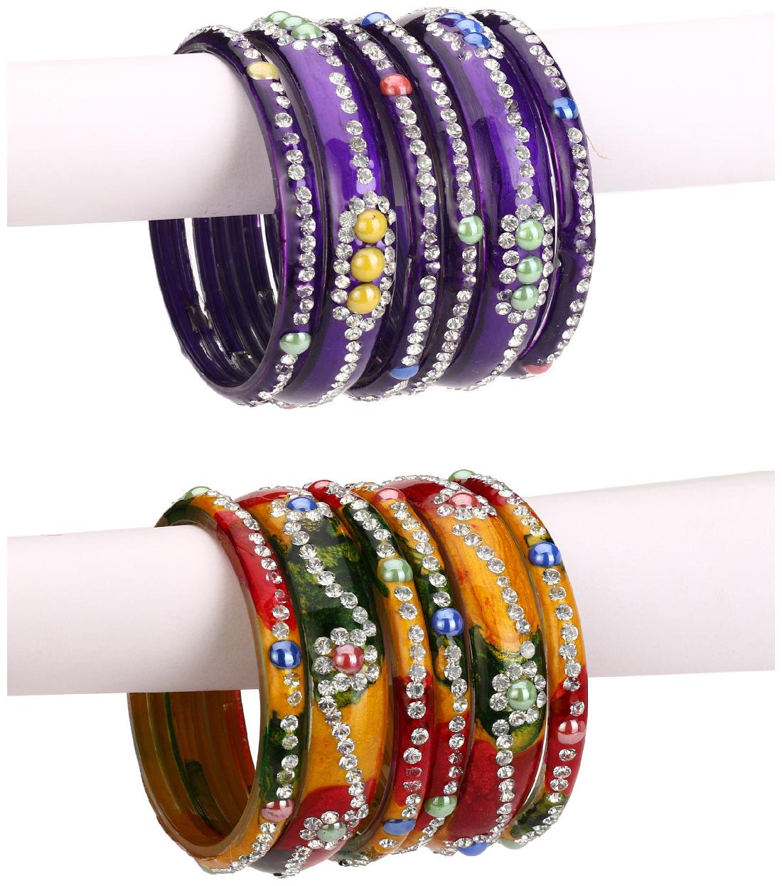 

Somil Combo Party Festivle Designer Ornamented With Colorful Beads And Figures Fancy Matching Glass Bangles Kada Set Of Six Each With Safety Box