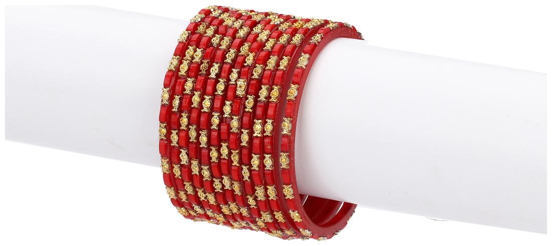

Somil Designer Colorful Collection Red Golden 12 Fashion Bangle Set Ornamented With Exclusive Beads (Size- 2 8)