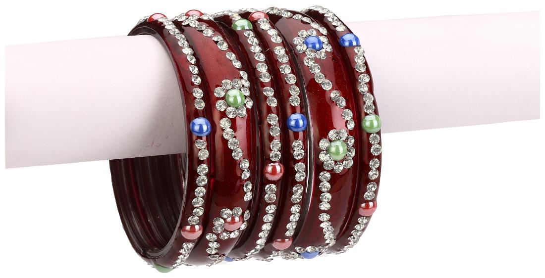 

Somil Maroon Color 2 Kada 4 Bangle Set decorative With Colorful Beads Stones With Safety Box-DN 2 6
