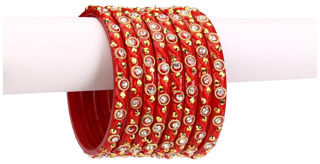 

Somil Parties Red Glass 8 bangle Cum Kada Set Full decorative With Golden White Crystal Stone With Safety Box-DU 2 2