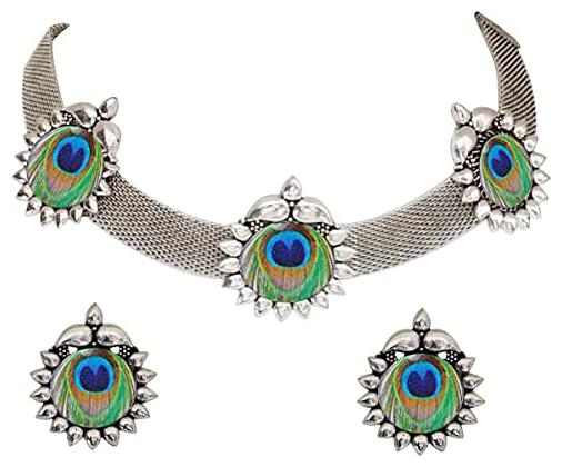 

SparkEve Oxidized Silver Peacock Theme Choker Necklace Set with Earrings