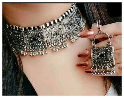 

SparkEve Trendy Oxidized Silver Ghungroo Choker Set