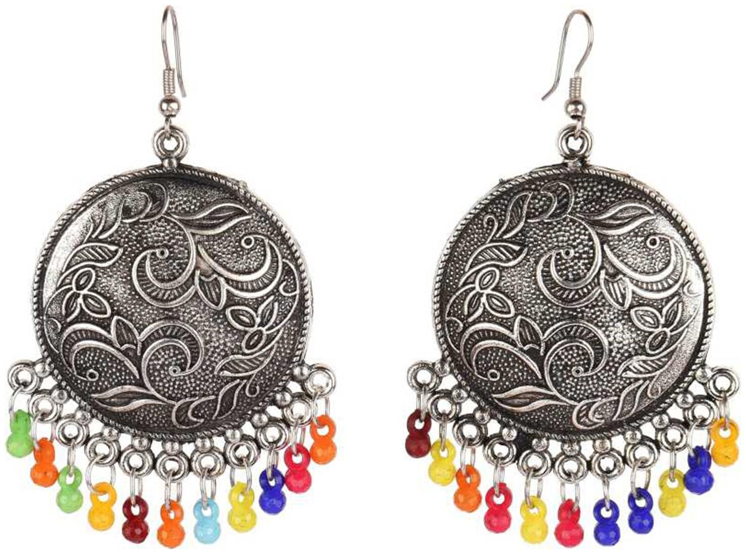 

Sparkling Dazzle Oxidized Round Shaped Afghani Style Alloy Drops Dangle Earring For Women And Girls (Multicolor)