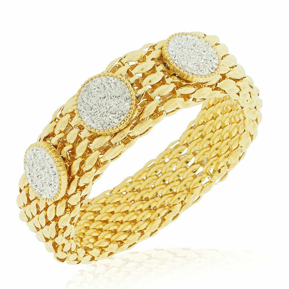 

Stainless Steel Yellow Gold-Tone Clear CZ Mesh Stretch Circles Bracelet 8