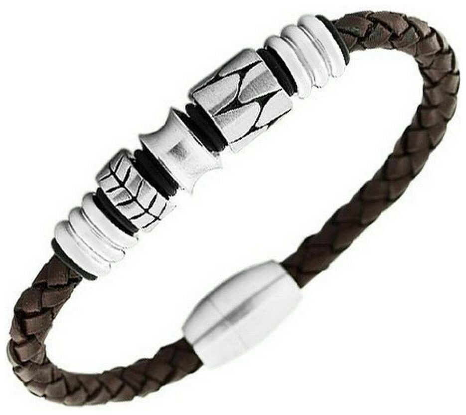 

Stainless Steel Brown Leather Silver-Tone Braided Men s Bracelet