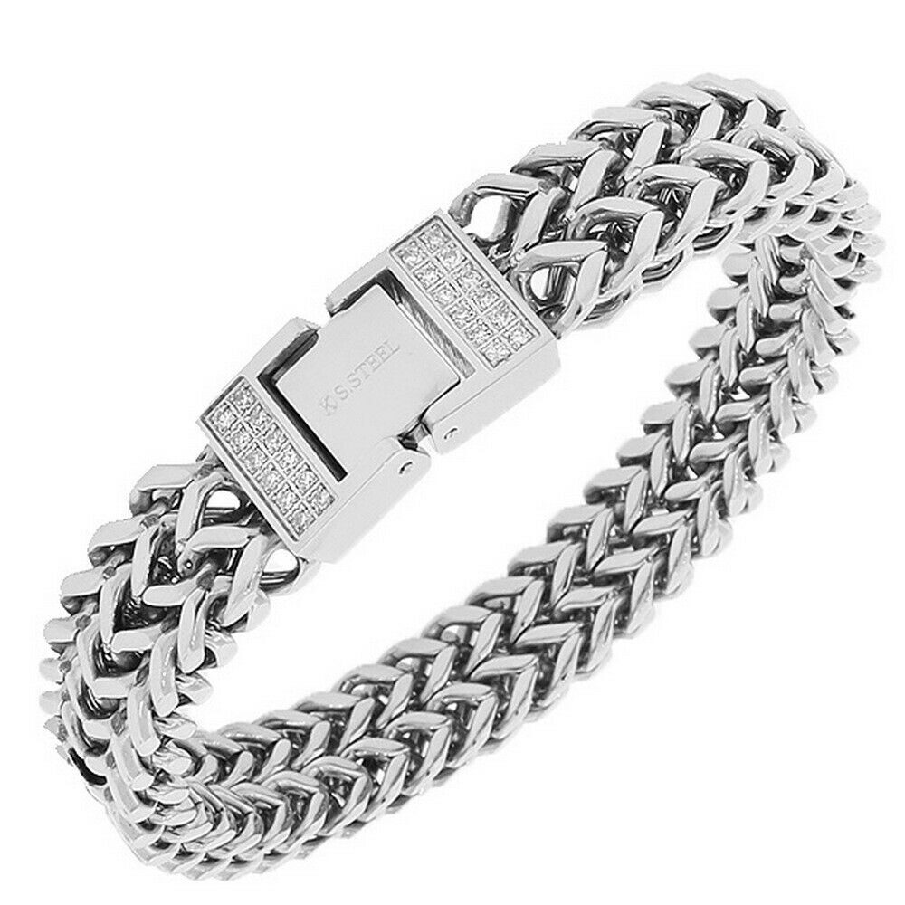 

Stainless Steel White CZ Silver-Tone Double Chain Mens Bracelet
