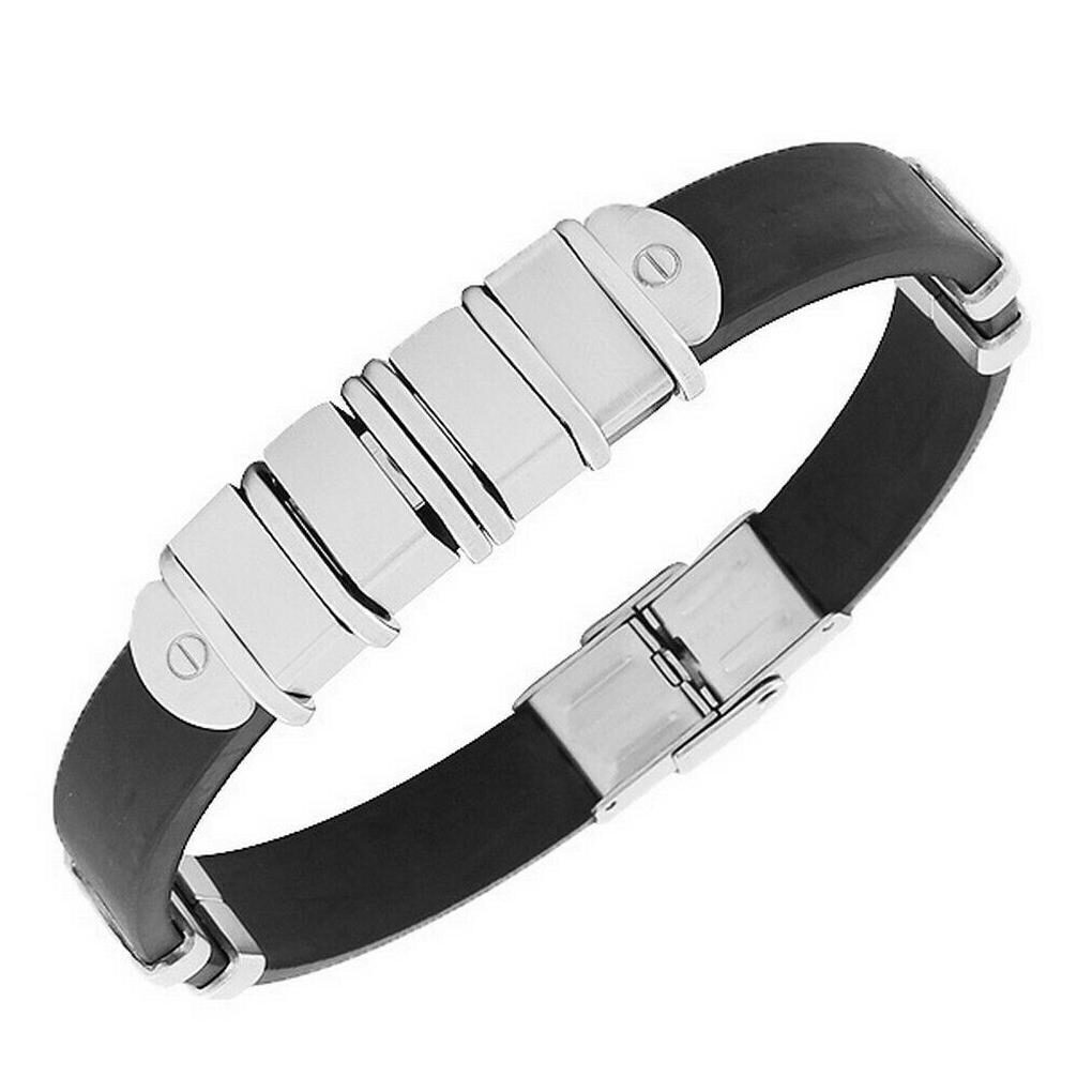 

Stainless Steel Black Rubber Silver Tone Screws Mens Bangle Bracelet with Clasp
