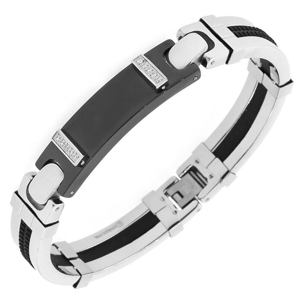 

Stainless Steel Black Silver-Tone White Crystals CZ Handcuff Mens Bracelet