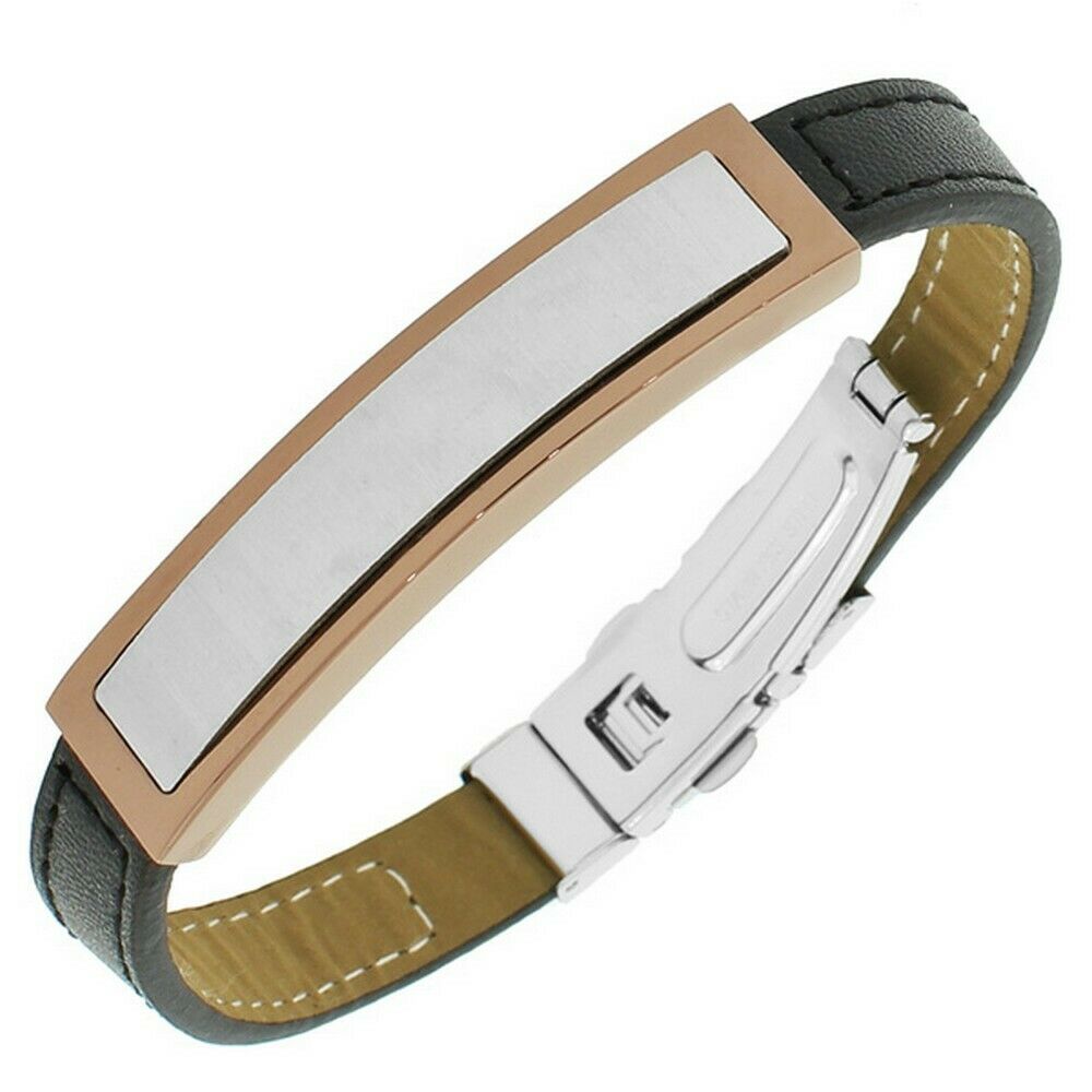 

Stainless Steel Black Leather White Rose Gold Silver Tone Mens Bracelet