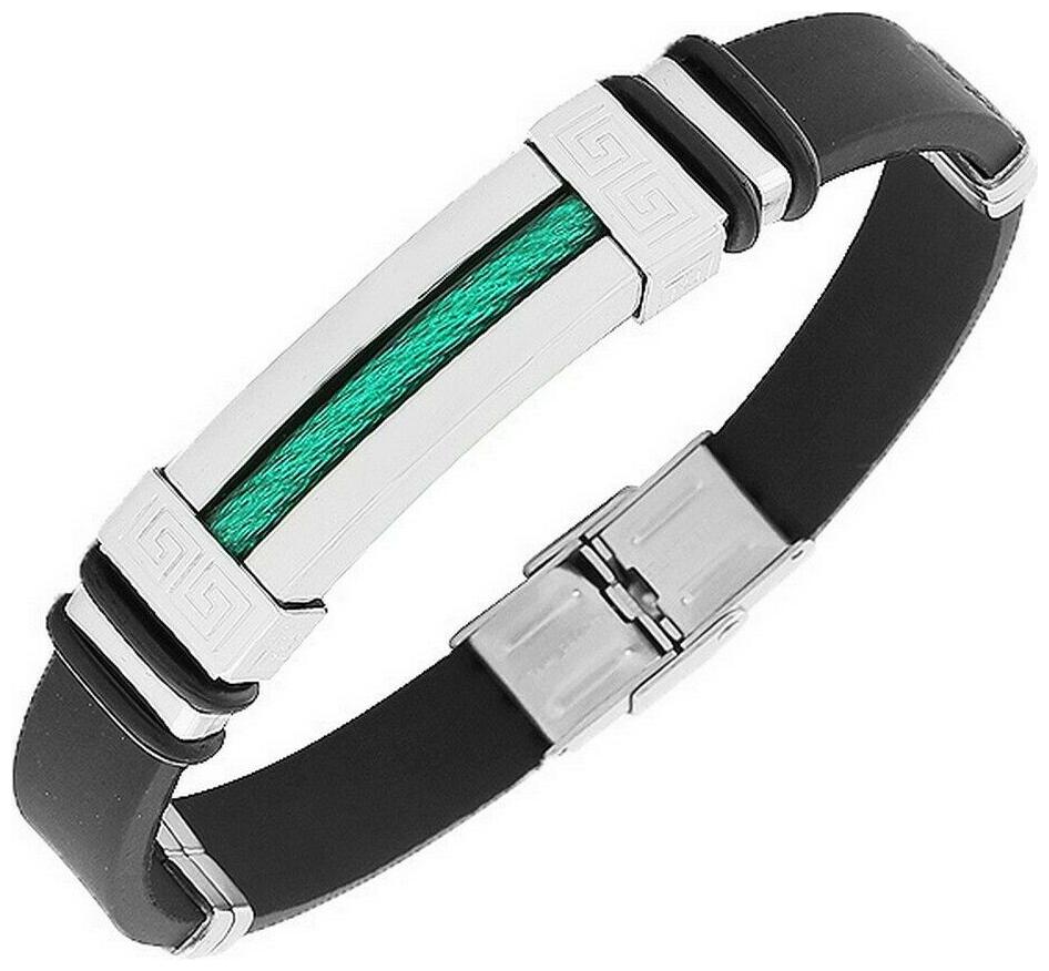

Stainless Steel Black Rubber Silver Tone Green Greek Key Mens Bangle Bracelet