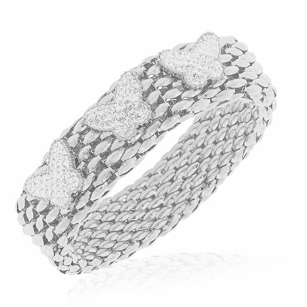 

Stainless Steel Silver-Tone Clear CZ Mesh Stretch Butterflies Bracelet 8