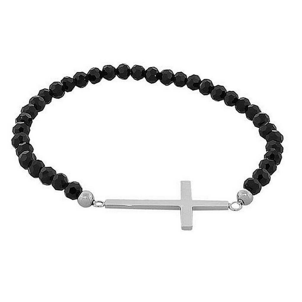 

Stainless Steel Stretch Black Faceted Religious Cross Silver Beaded Bracelet