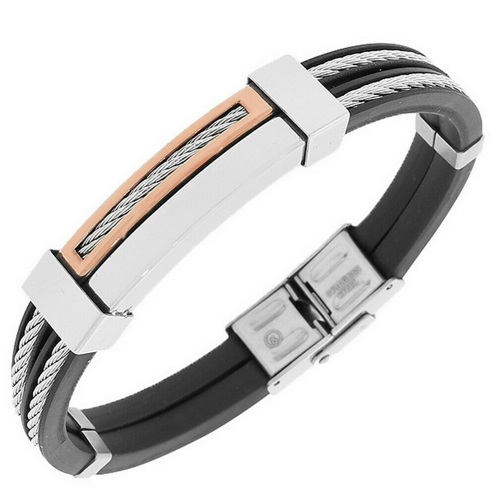 

Stainless Steel Black Rubber Silicone Twisted Cable Men s Bracelet