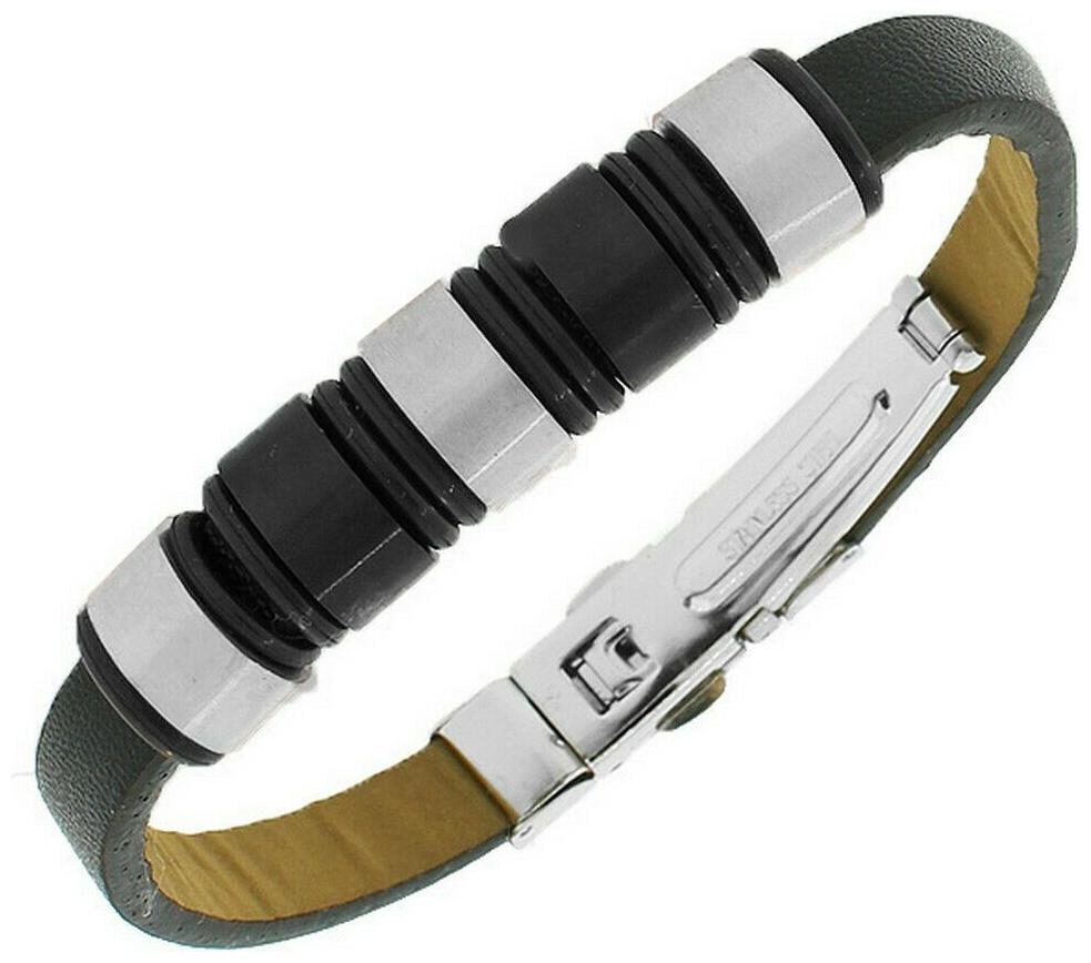 

Stainless Steel Black Leather White Gold Chrome Silver Tone Mens Bracelet