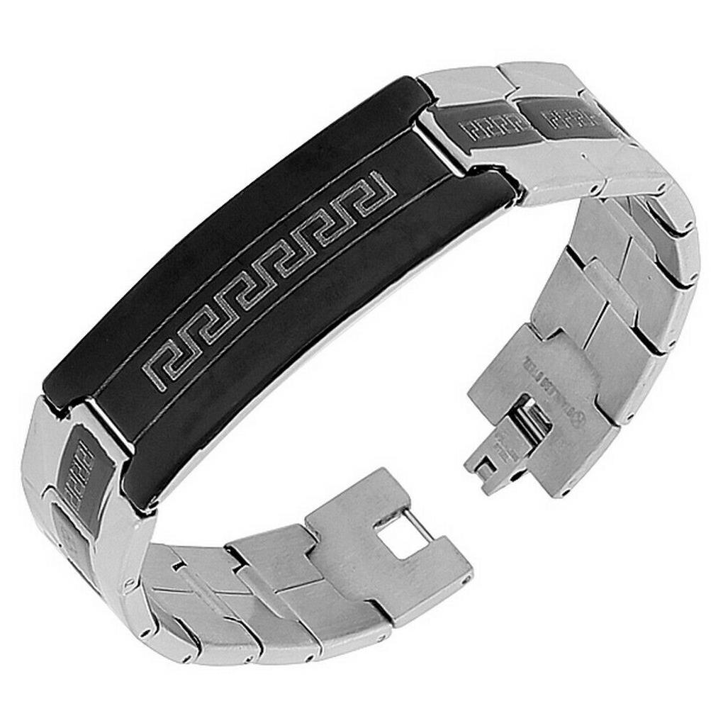 

Stainless Steel Silver Black Two-Tone Greek Key Mens Links Chain Bracelet