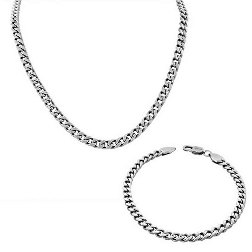 

Stainless Steel Silver-Tone Mens Classic Cuban Link Chain Necklace Bracelet Set