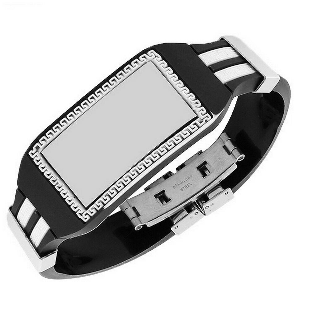 

Stainless Steel Black White Rubber Silver Tone Greek Key Name Tag Mens Bracelet