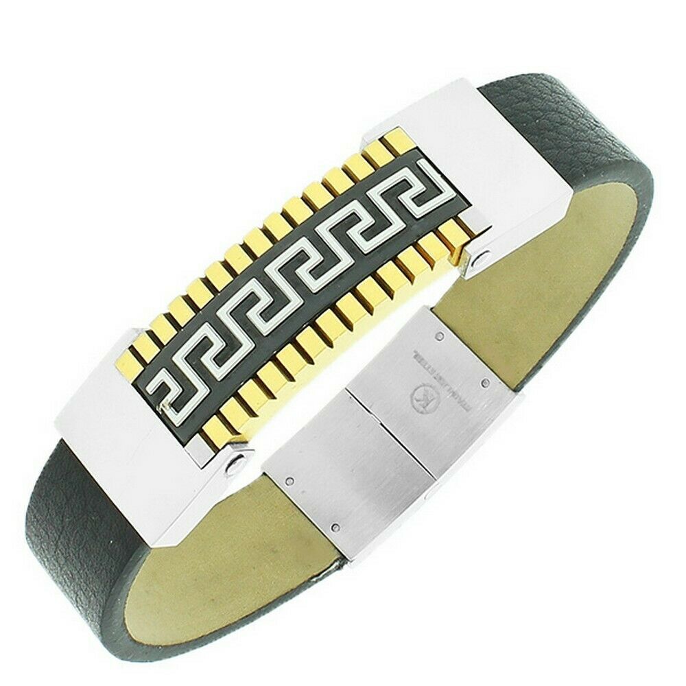 

Stainless Steel Black Leather Yellow Gold Silver Tone Greek Key Mens Bracelet