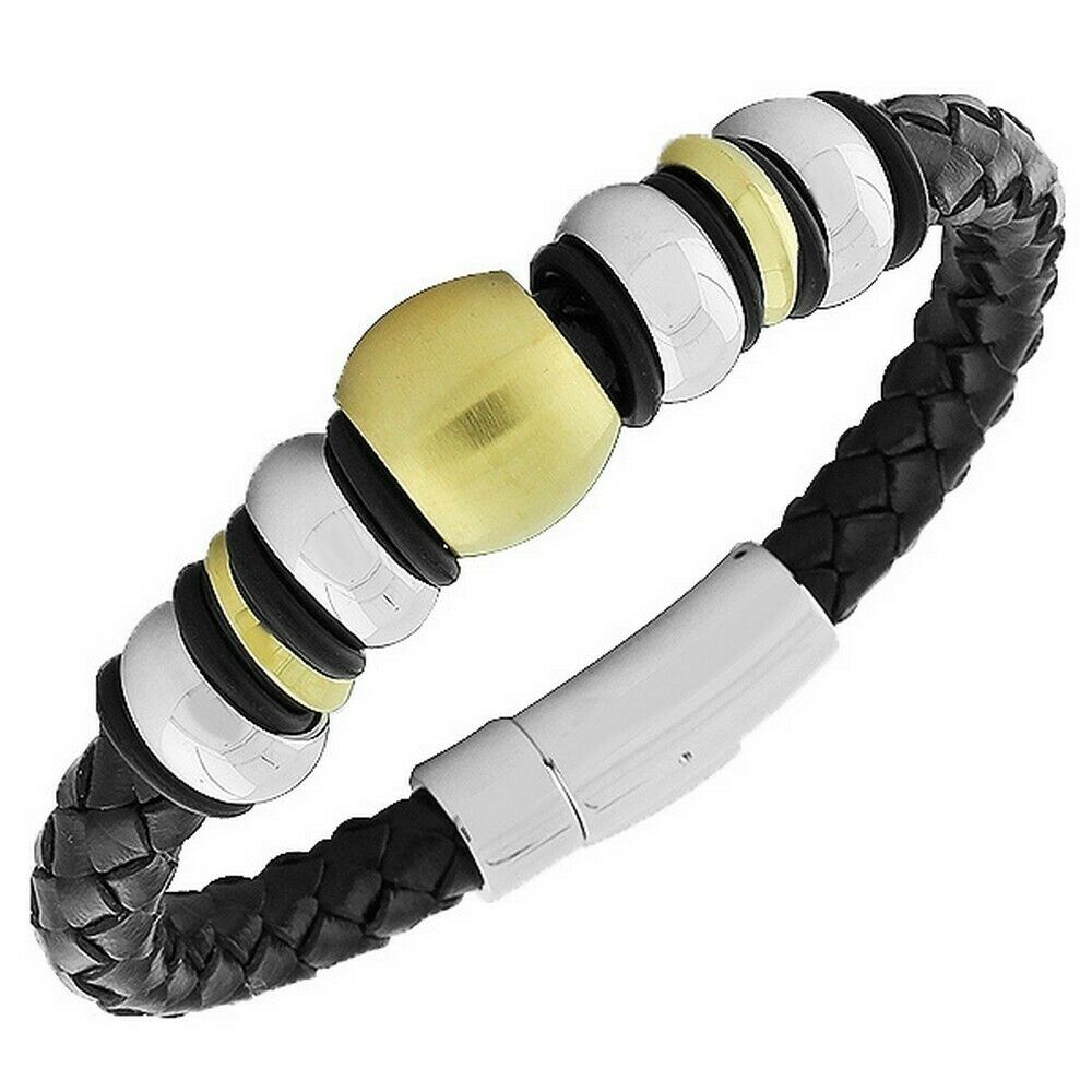 

Stainless Steel Black Leather Silver Gold Tone Mens Bangle Bracelet