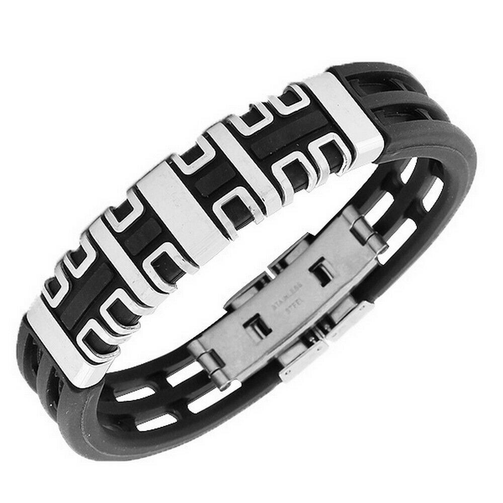 

Stainless Steel Black Rubber Silver Tone Mens Bangle Bracelet with Clasp