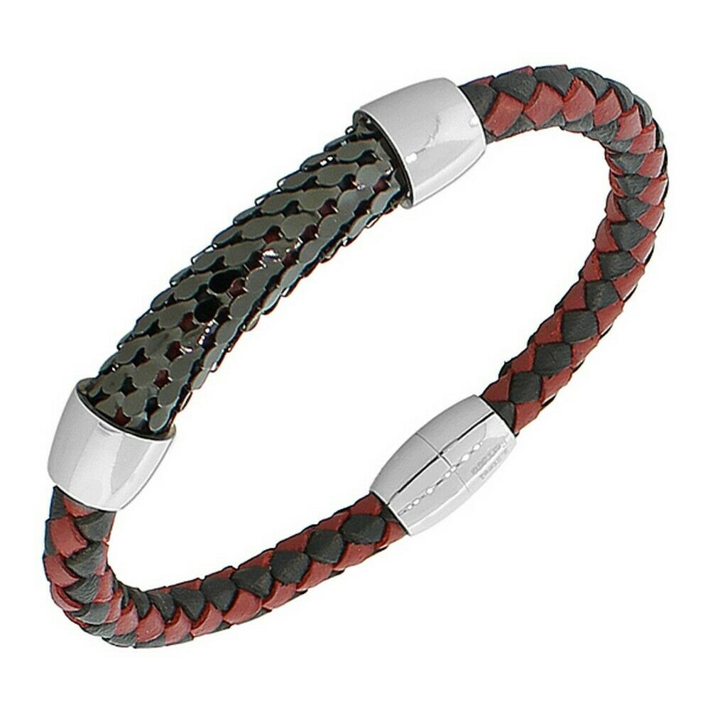 

Stainless Steel Leather Red Black Silver Braided Womens Mens Bangle Bracelet