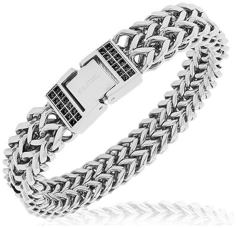 

Stainless Steel and Black Crystals CZ Double Chain with Clasp Mens Bracelet