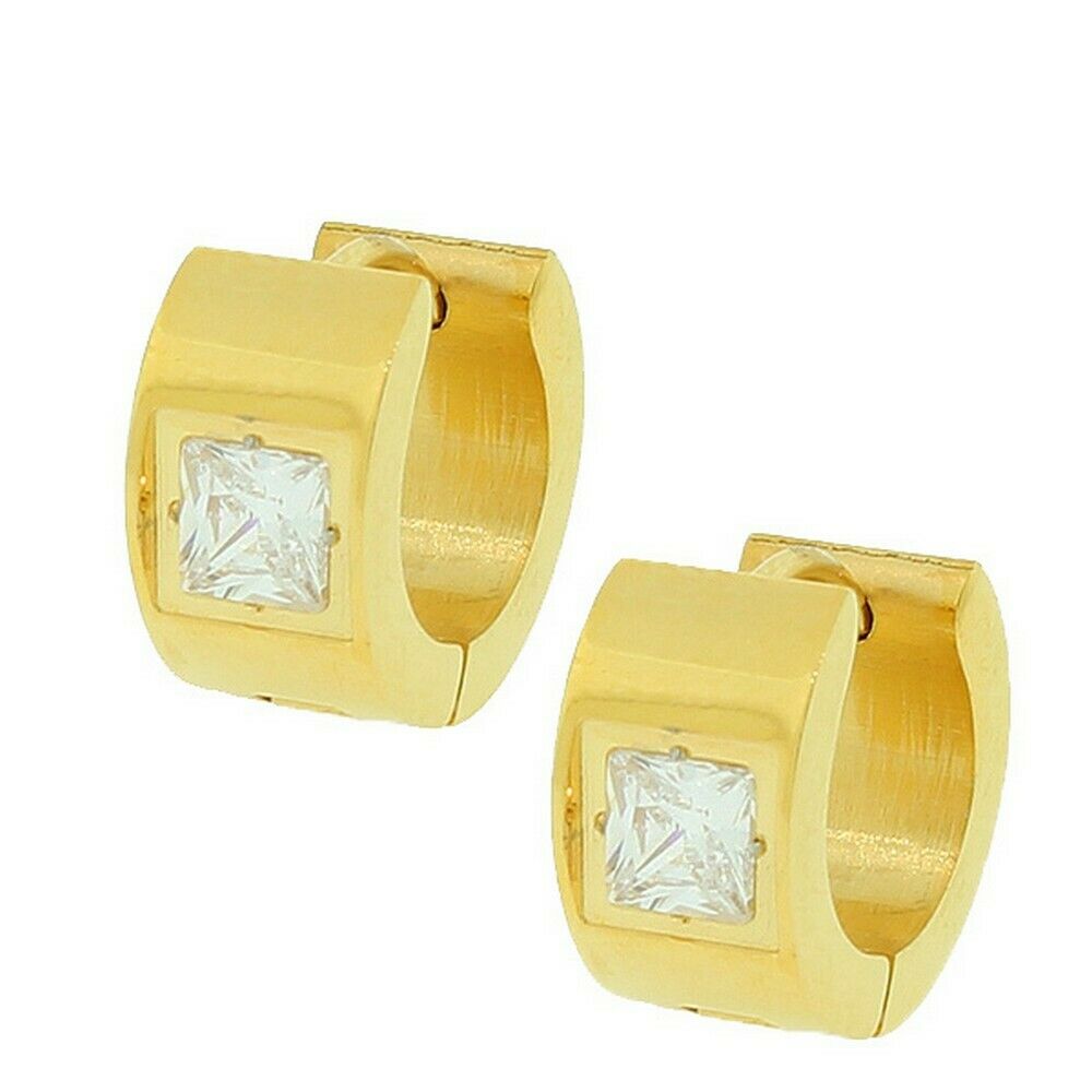 

Stainless Steel Yellow Gold-Tone White Princess CZ Hoop Huggie Earrings