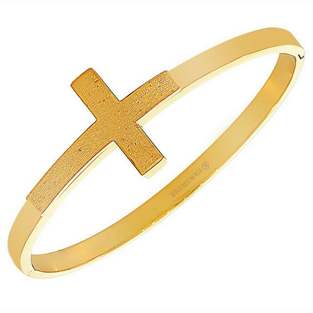 

Stainless Steel Gold Classic Religious Cross Prayer Spanish Womens Bracelet