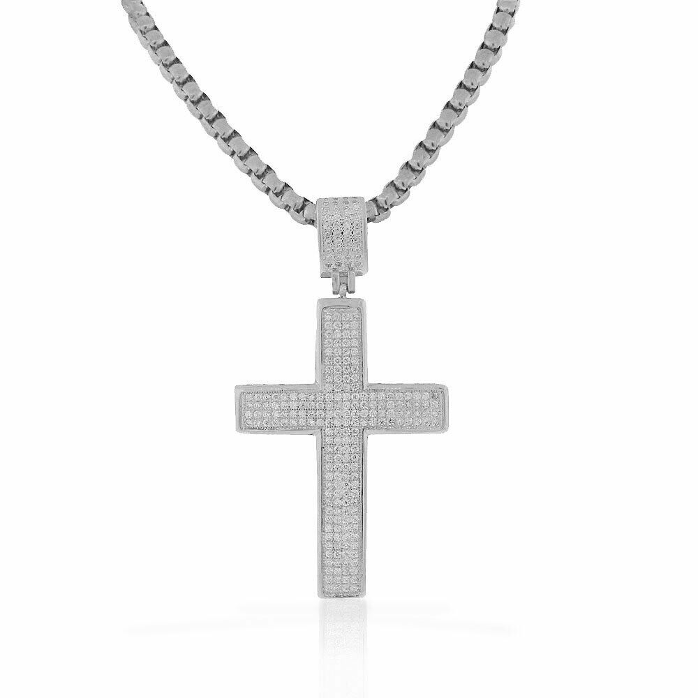 

Stainless Steel Gold-Tone White Clear CZ Hip-Hop Latin Cross Pendant Necklace