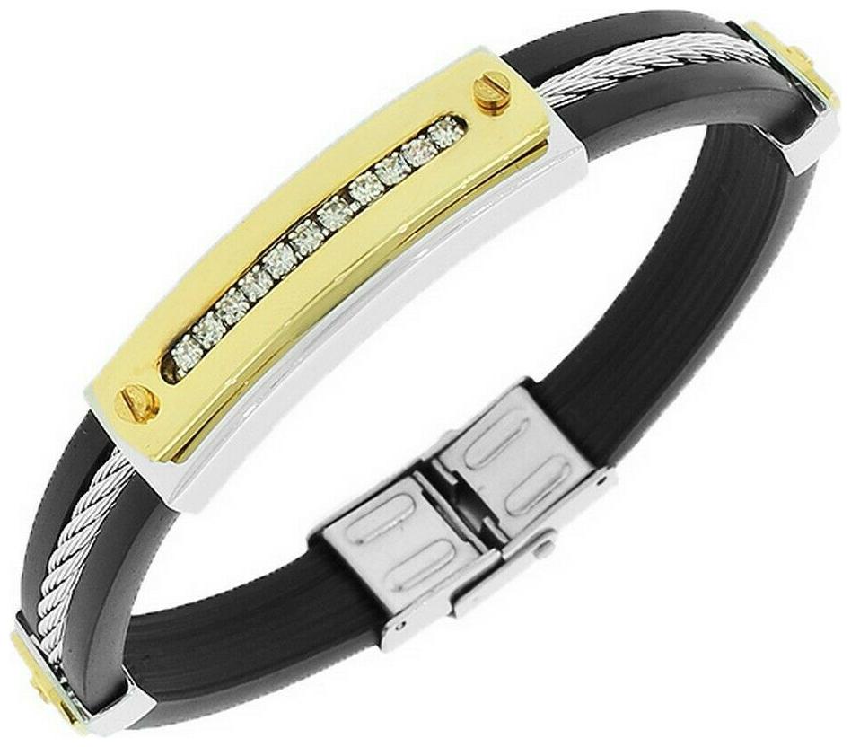 

Stainless Steel Black Rubber Silver Yellow Gold White Crystals Mens Bracelet
