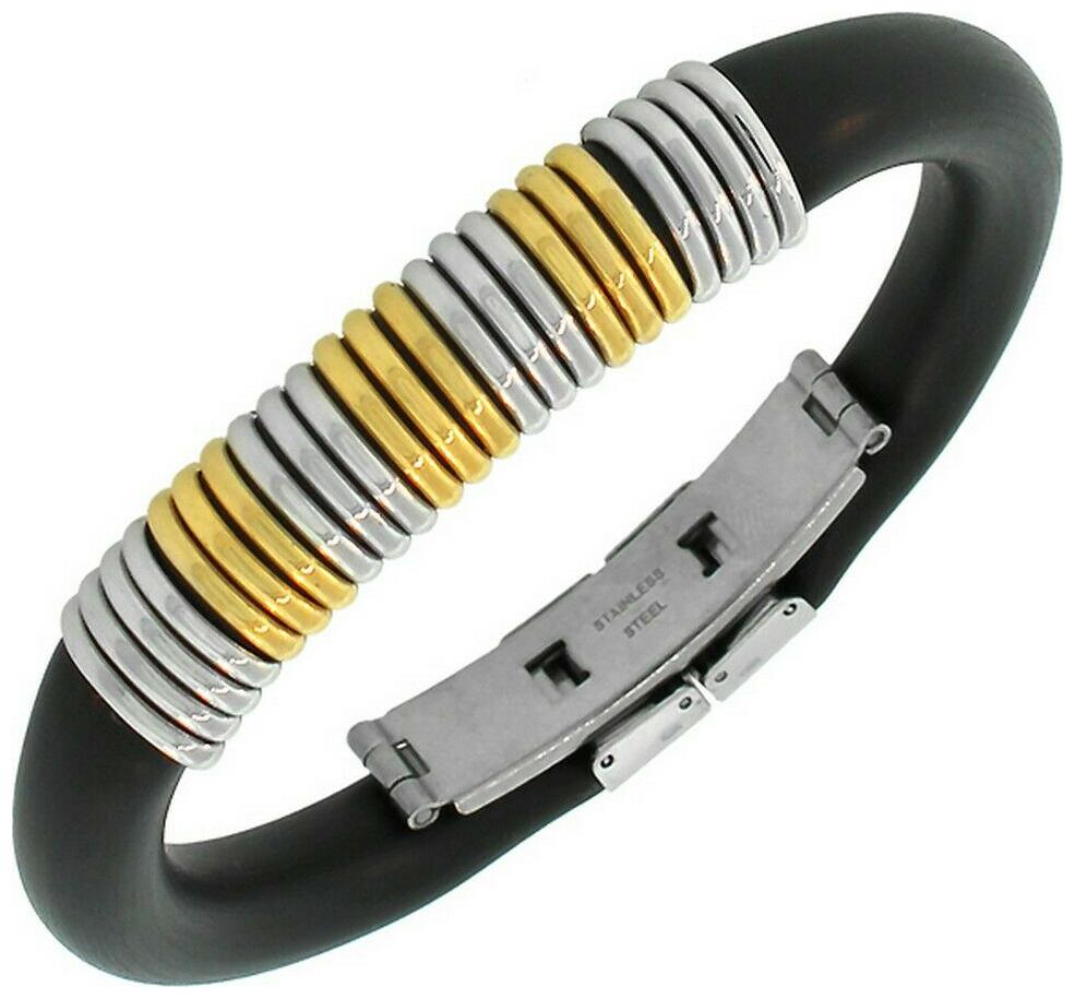

Stainless Steel Black Rubber Yellow Gold Silver Two-Tone Mens Bracelet