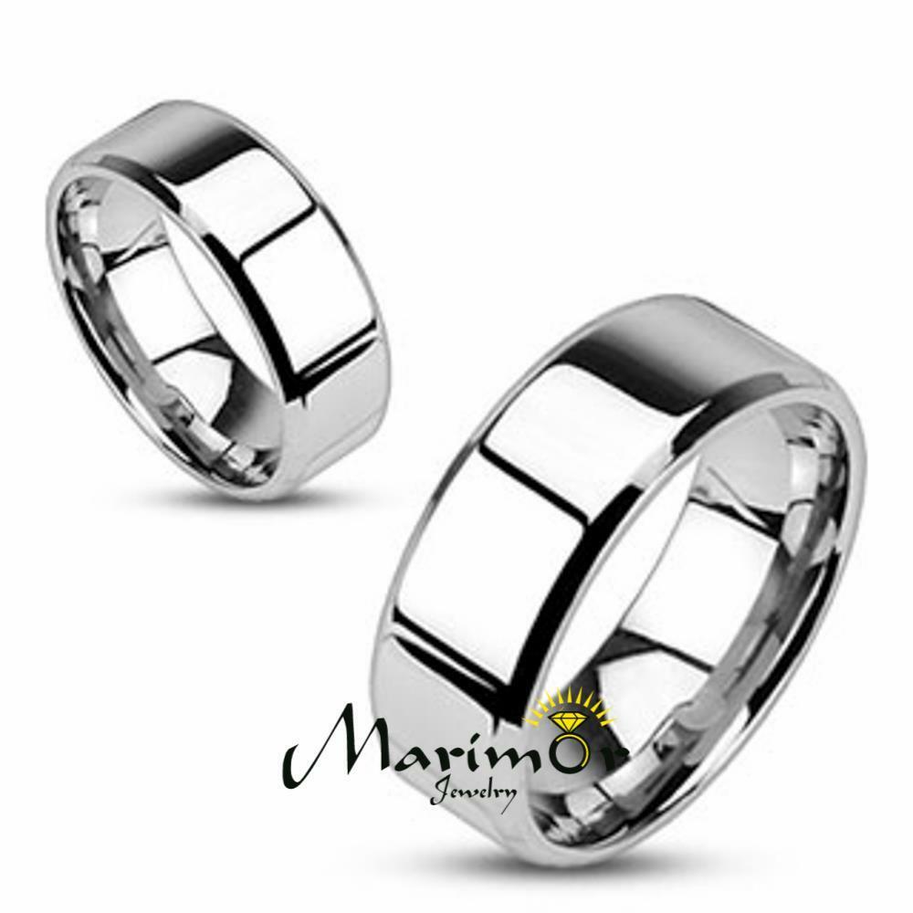 

Stainless Steel Mirror Polished Flat Band with Beveled Edge 4-8mm Width Sz 5-14