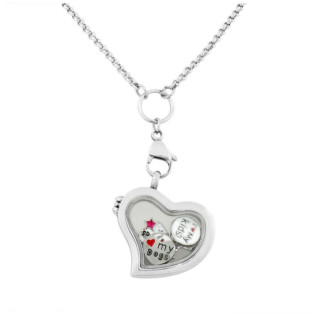 

Stainless Steel Floating Charms Love Heart Glass Locket Pendant Necklace