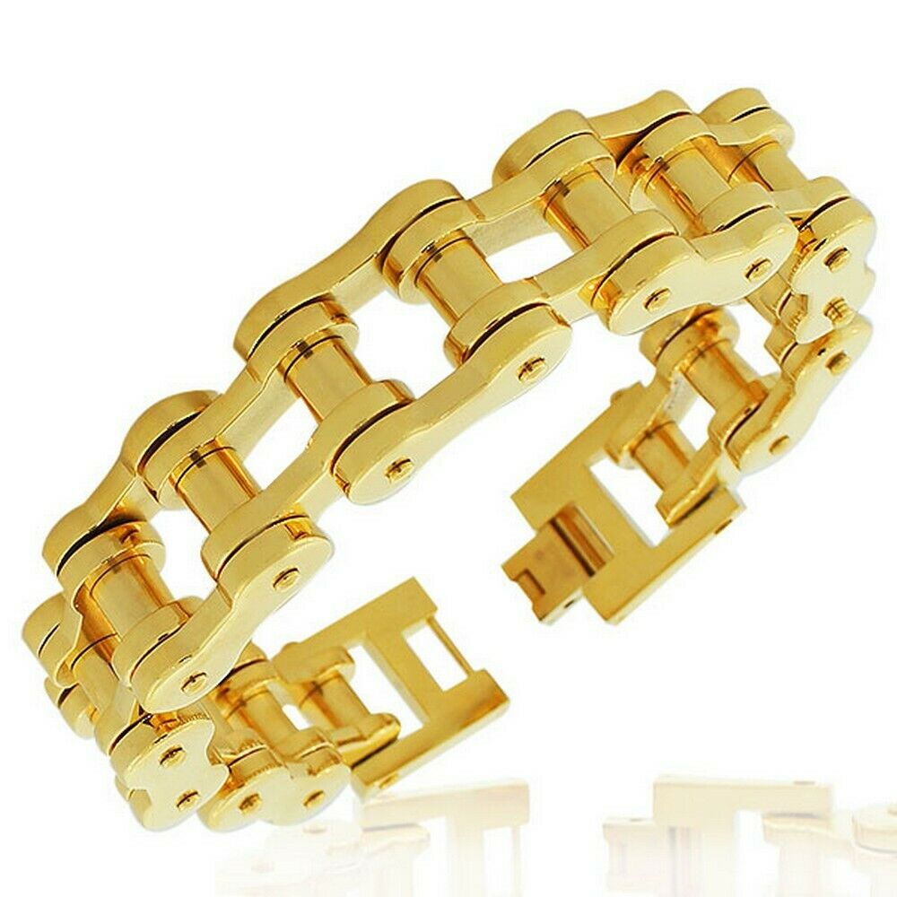 

Stainless Steel Yellow Gold-Tone Link Bike Chain Large Heavy Mens Bracelet